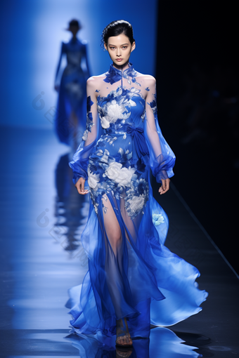 克莱因蓝刺绣优雅连衣裙