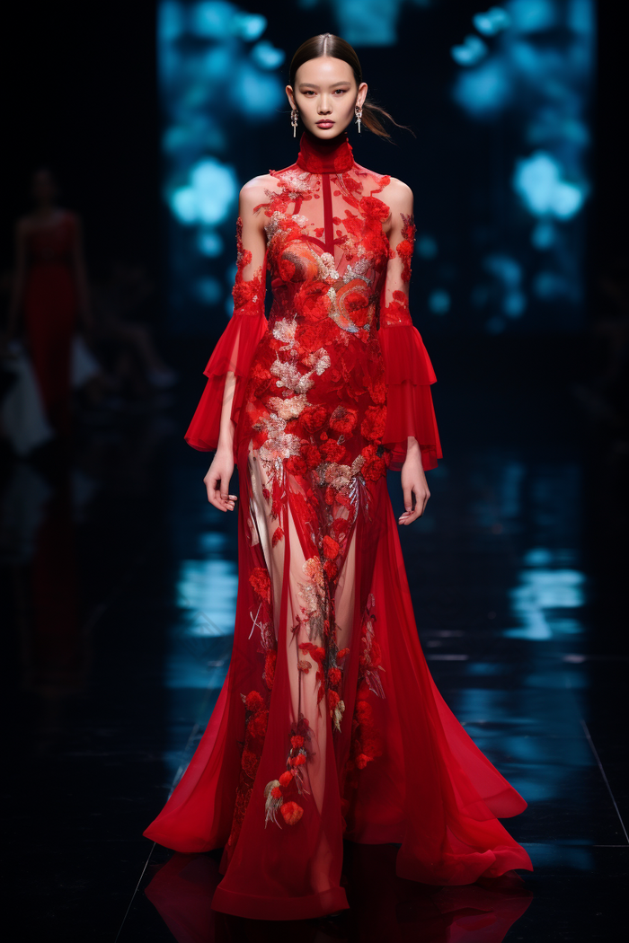服装设计中国红裙子T台