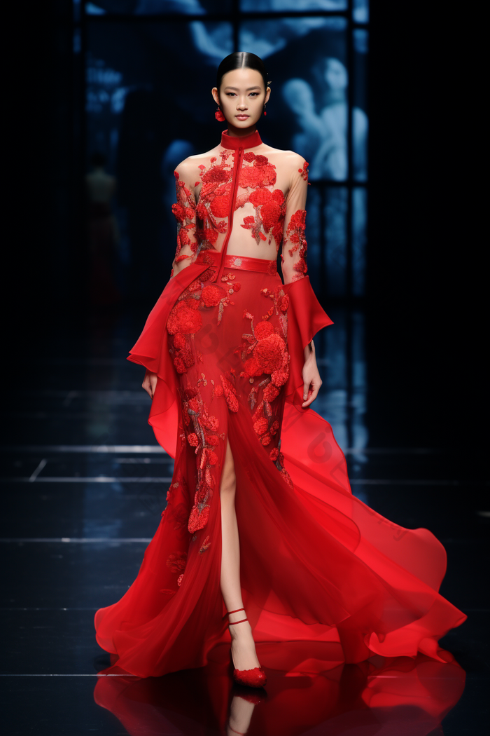 T台服装设计中国红裙子