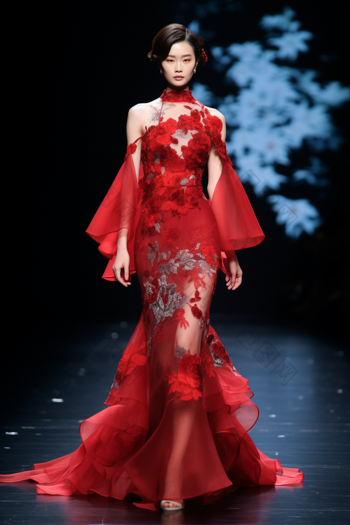 服装设计中国红裙子秋装