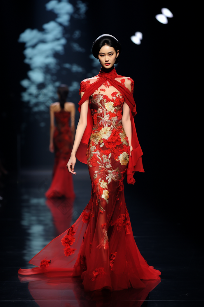 服装设计中国红长裙