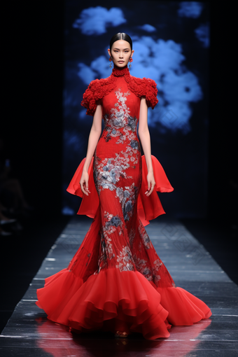 服装设计中国红裙子走秀