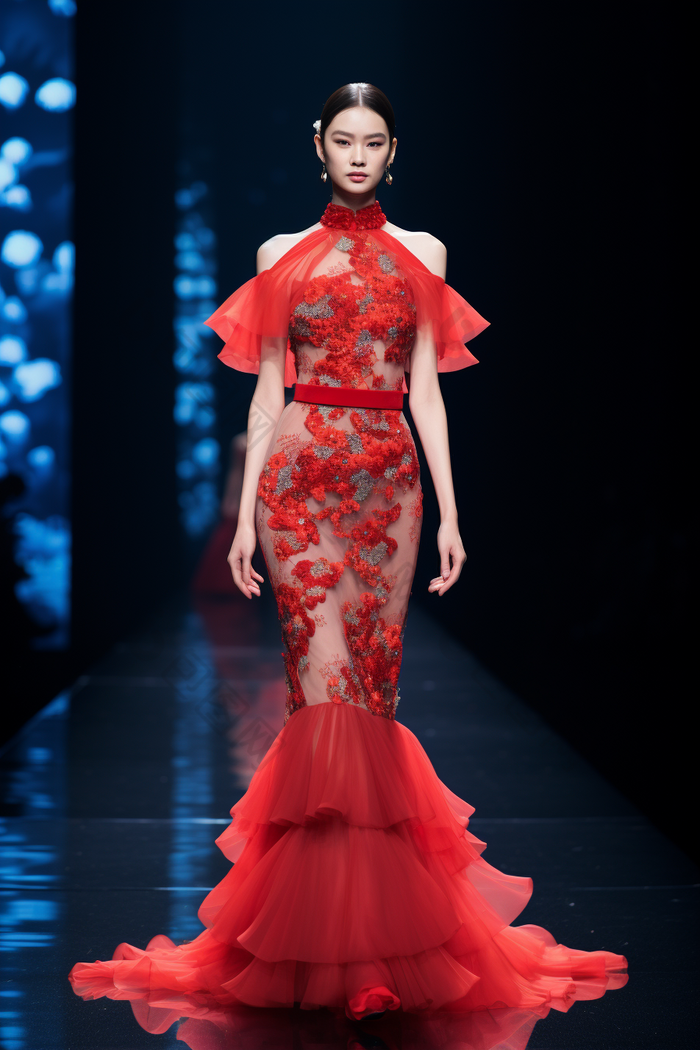 走秀服装设计中国红裙子