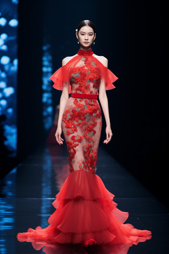 <strong>走秀服装</strong>设计中国红裙子