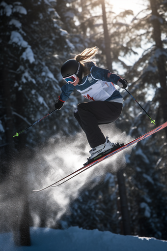 女子运动员滑雪<strong>飞跃</strong>动作