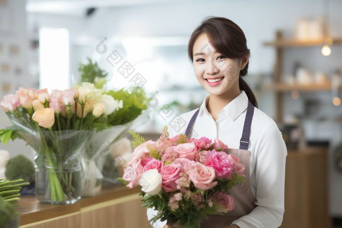 花艺师整理花店花朵