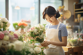 花艺师整理花店的花朵