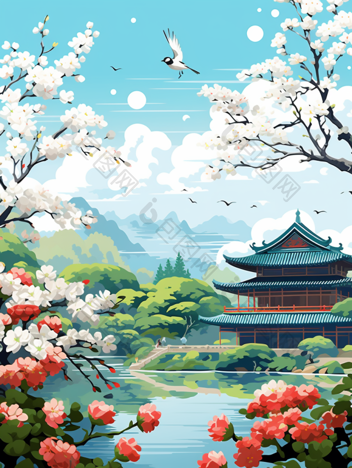 春暖花开公园风景插画高清图片下载-包图网