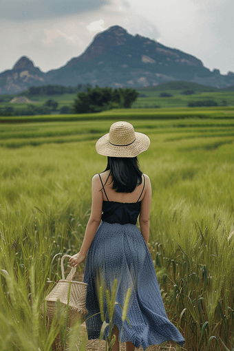 麦田美女背影