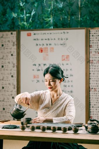 茶道女人茶文化复古饮料素材