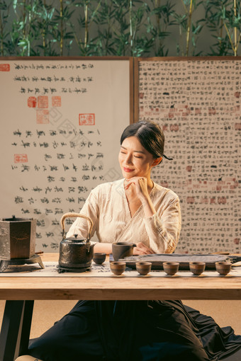 茶道女人围炉煮茶彩色图片照片