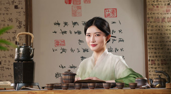 茶室里的一位中国古典式美女茶文化摄影