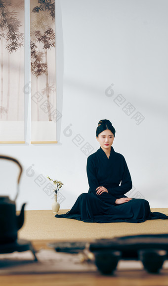 茶室里一位中国古典美女传统服装镜头