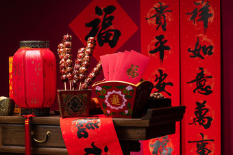 新年福字食物传统文化红色背景摄影