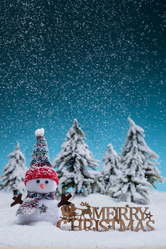 雪地圣诞雪人落下雪花摄影