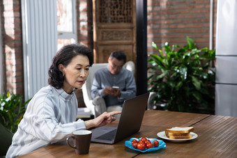 老年夫妇使用电脑食品<strong>水果</strong>摄影