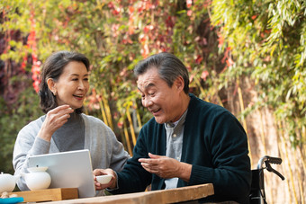 老年夫妇平板电脑<strong>茶</strong>老年女人表现积极