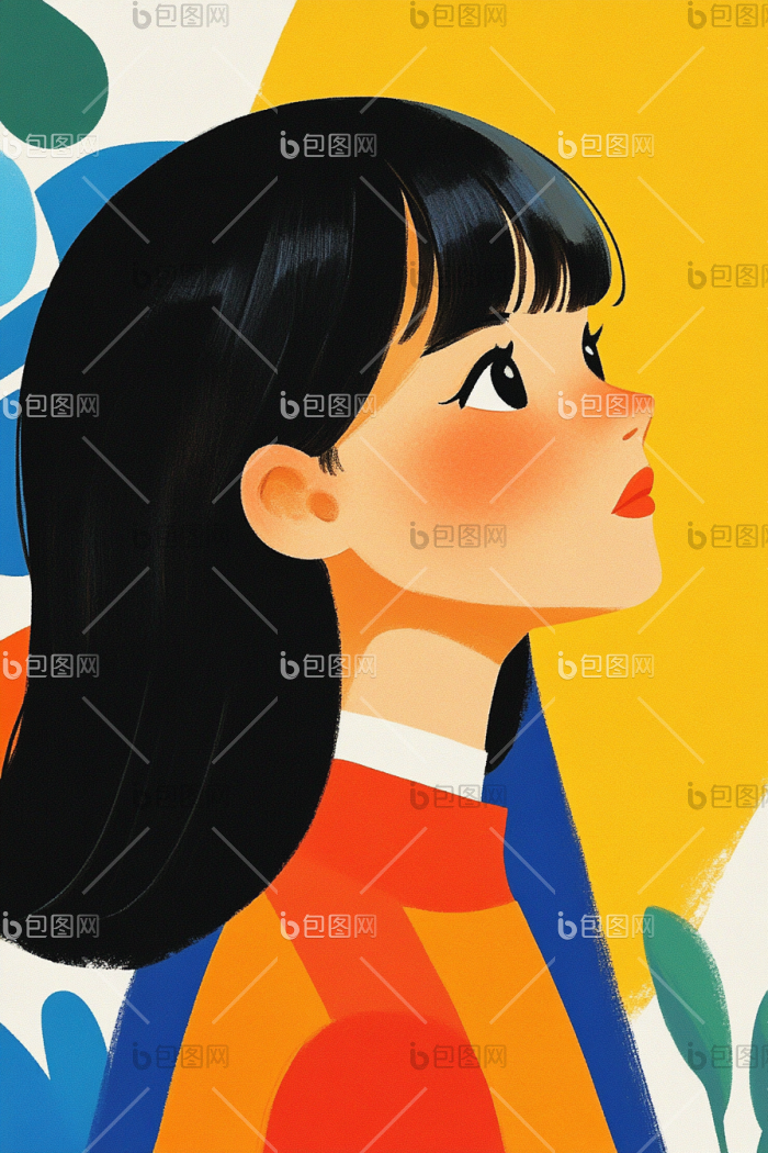 女孩侧颜插画头像高清图片下载-包图网