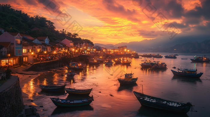 傍晚渔村海边夜景图片-包图网企业站