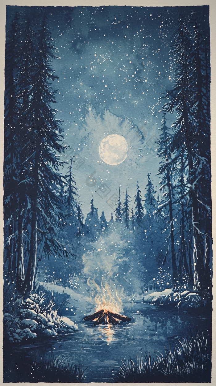冬夜篝火森林雪景图片-包图网企业站