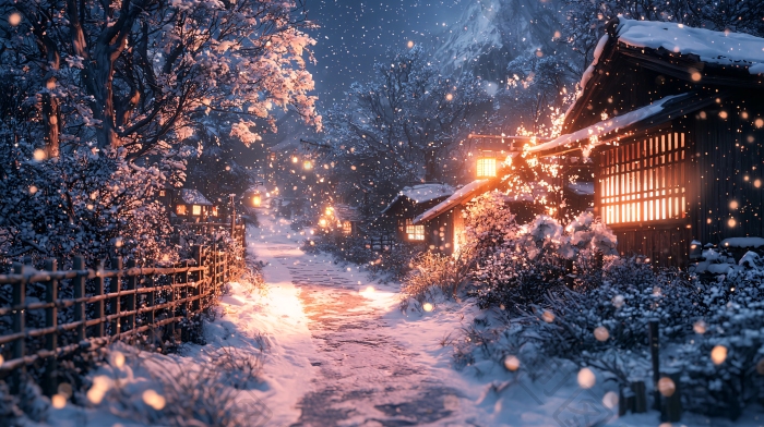 冬夜雪景村庄静谧图片-包图网企业站