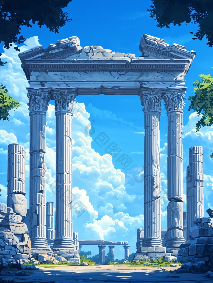 古代石柱遗迹绘画图片-包图网企业站