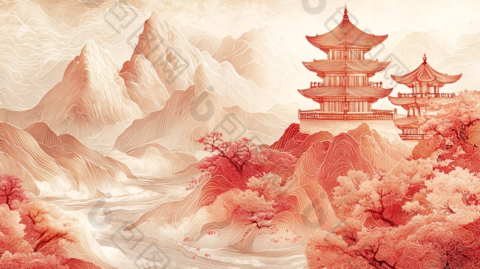 国风山水楼阁唯美意境插画图片-包图网企业站