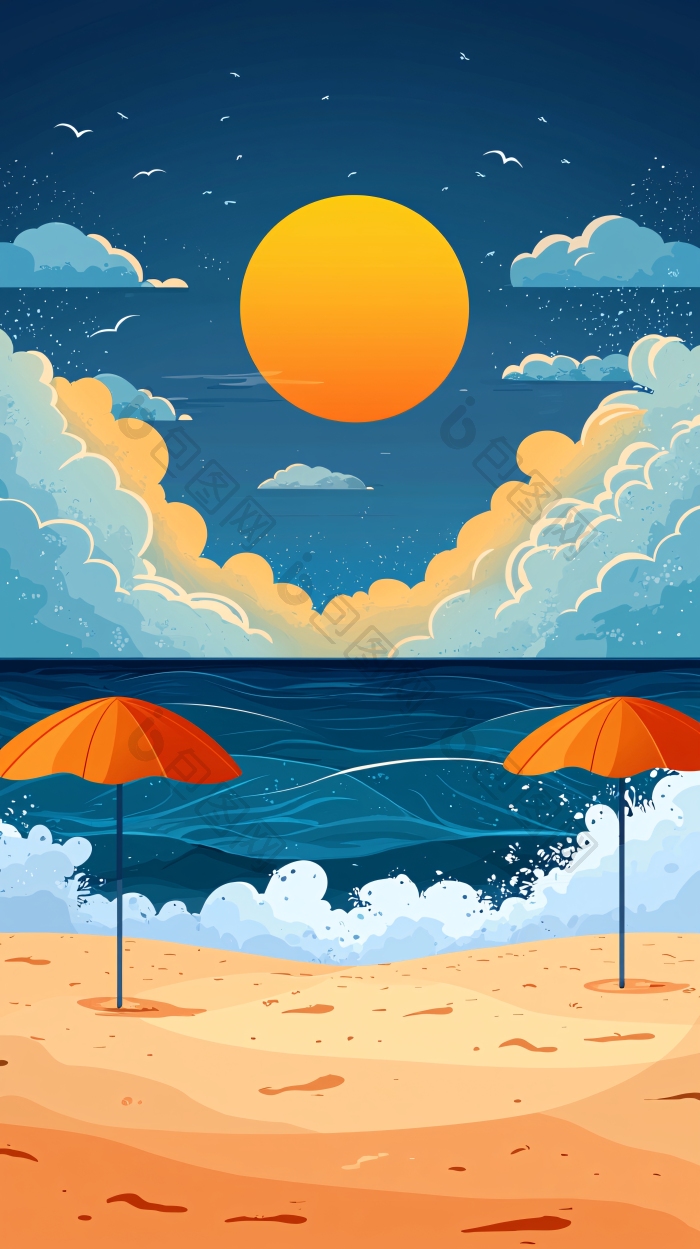 海边日落卡通插画图片-包图网企业站