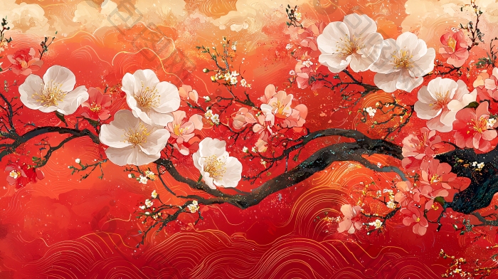 红橙色背景梅花枝条图片-包图网企业站