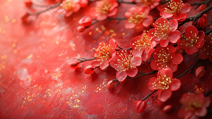 红梅花枝条红底背景图片-包图网企业站