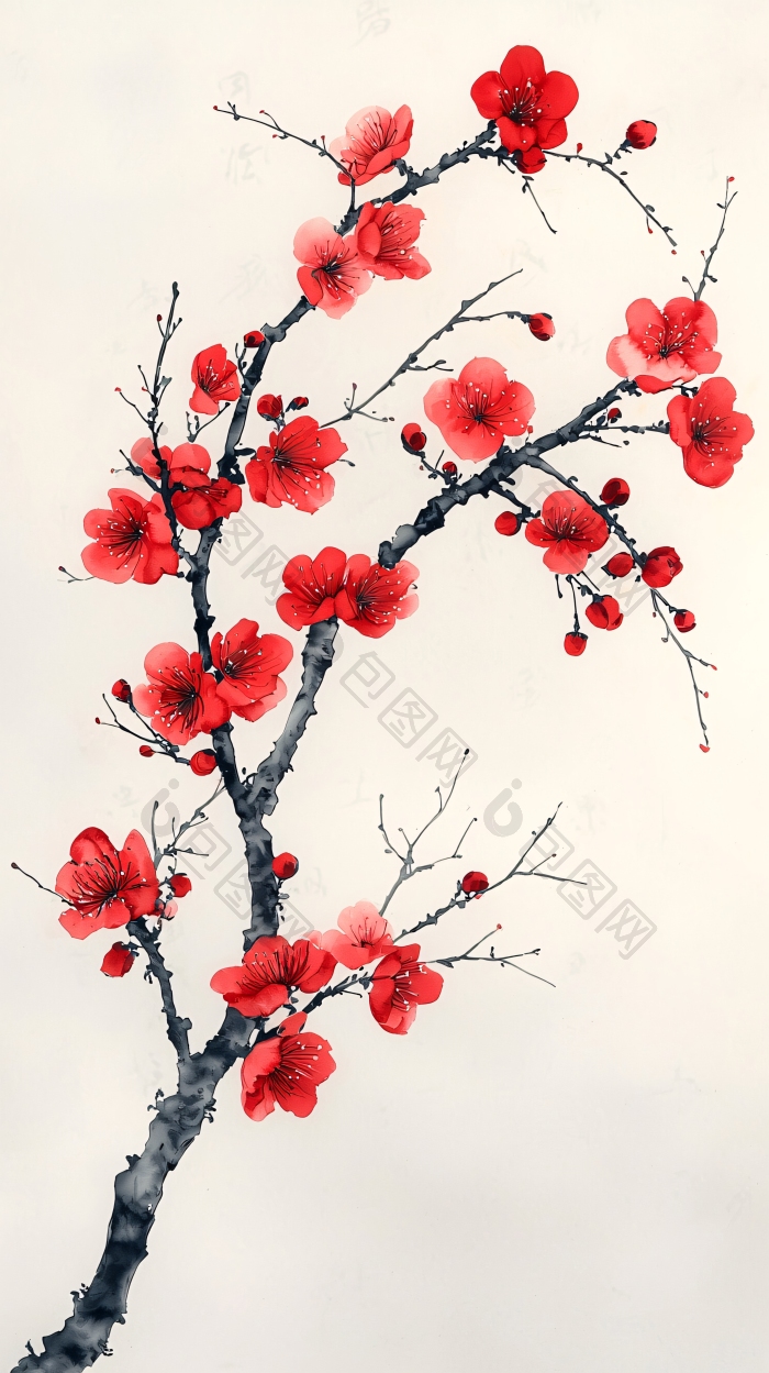 红梅枝条水墨画花朵图片-包图网企业站