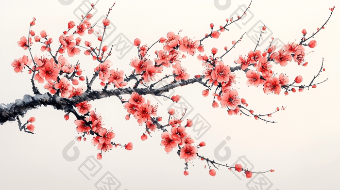 红梅枝条水墨画图案图片-包图网企业站