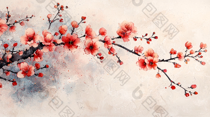 红梅枝条水墨画写意画图片-包图网企业站