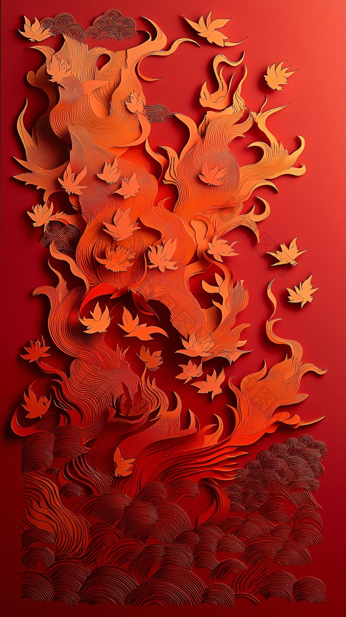 红色背景的火焰枫叶剪纸图片-包图网企业站