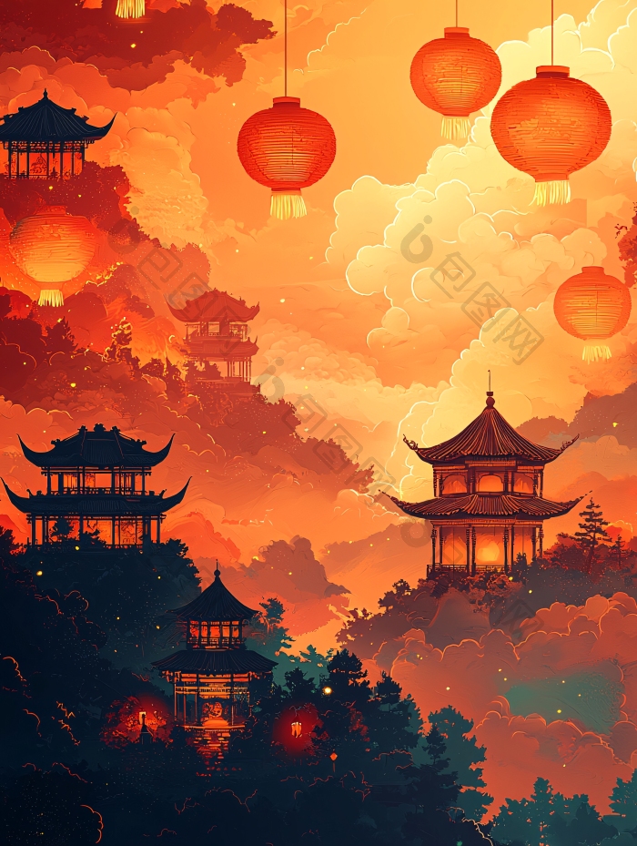 红色灯笼下的中式建筑图片素材图片-包图网企业站