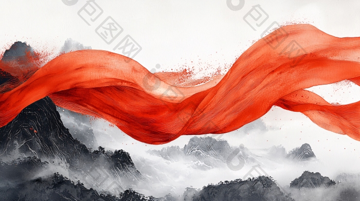 红色丝绸飘带山峰图片-包图网企业站