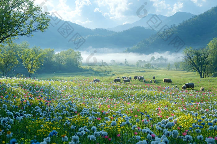 花团簇拥的山间草地图片-包图网企业站