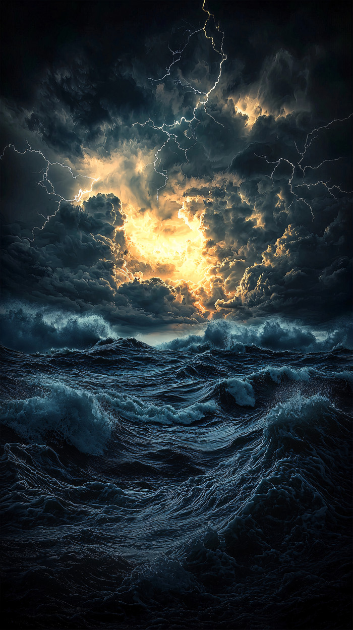 雷暴雨中波涛汹涌的海面