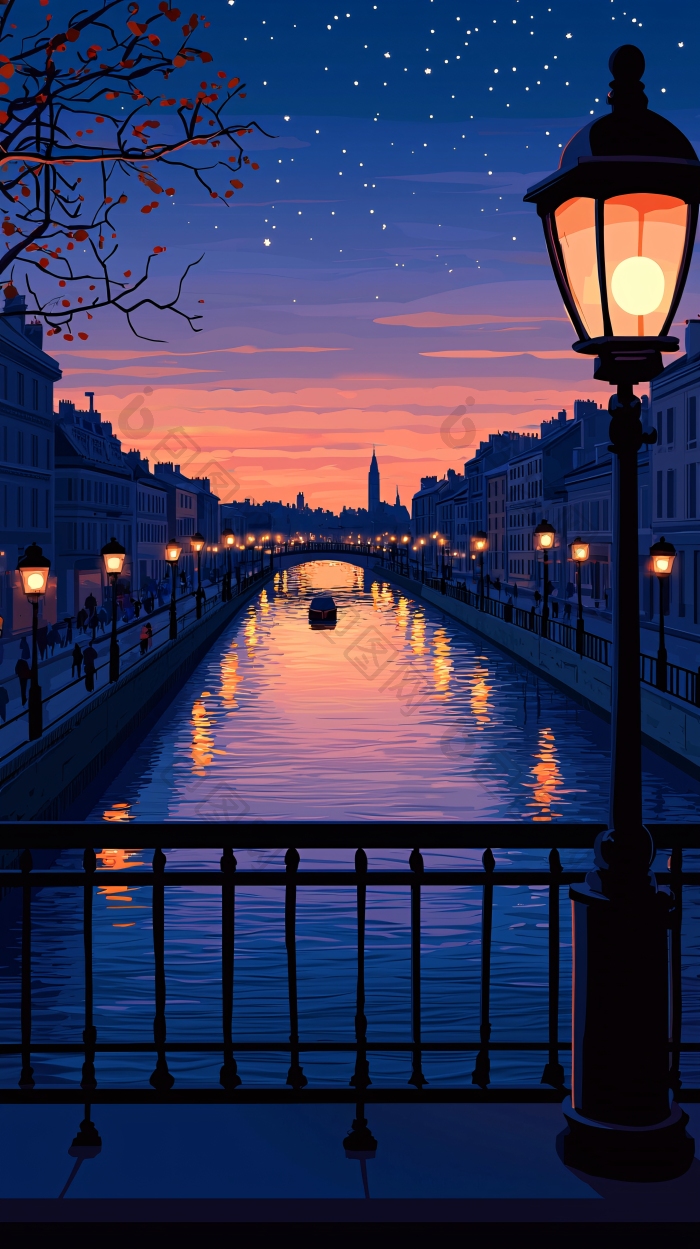 宁静的夜晚城市河景图片-包图网企业站
