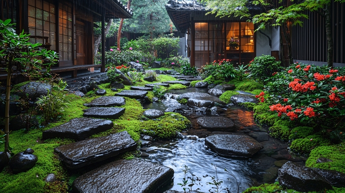 日式庭院雨后景色图片-包图网企业站