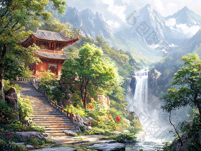 山水风景中的寺庙建筑图片-包图网企业站