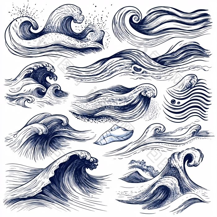手绘海浪素材蓝海图片-包图网企业站