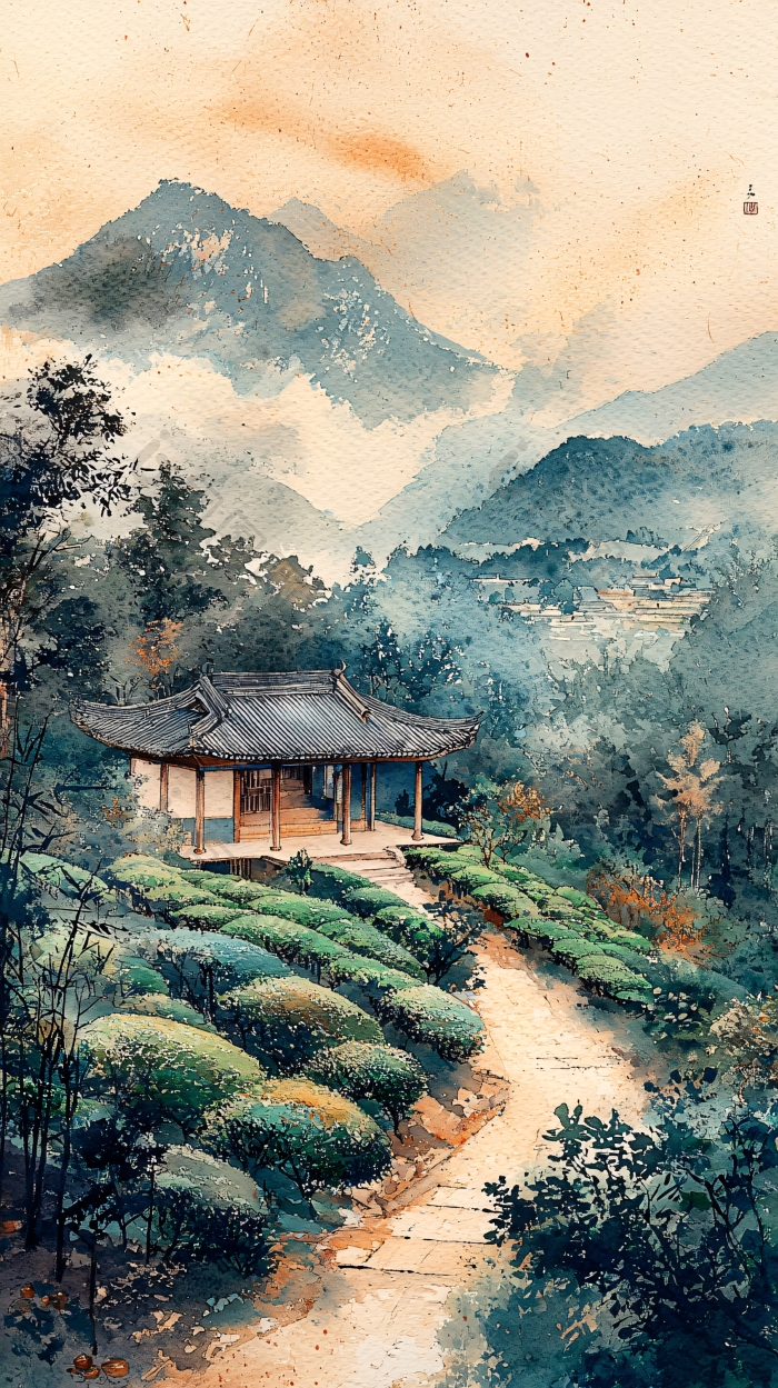 水彩山水间的庭院小屋图片-包图网企业站