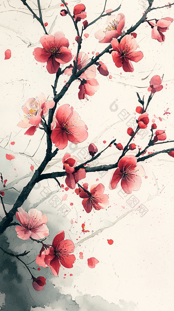 水墨红梅冬季梅花枝图片-包图网企业站