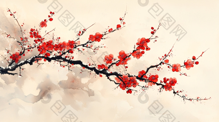 水墨红梅枝条插画图片-包图网企业站
