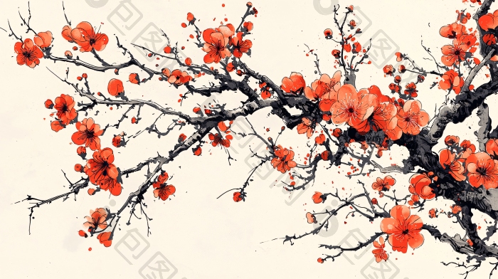 水墨红梅枝条写意画图片-包图网企业站