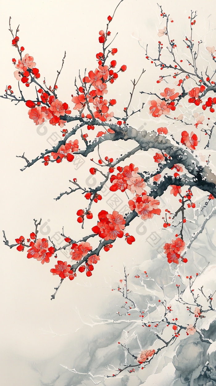 水墨红梅植物梅花枝图片-包图网企业站