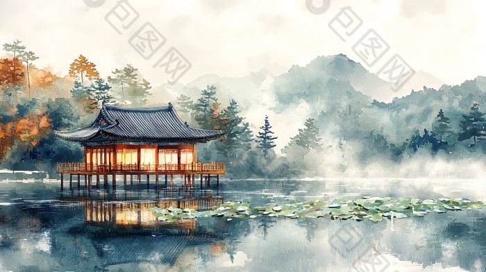 水墨画古建筑风景画图片-包图网企业站