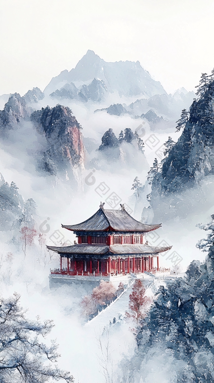 水墨山水古建筑禅意图片-包图网企业站