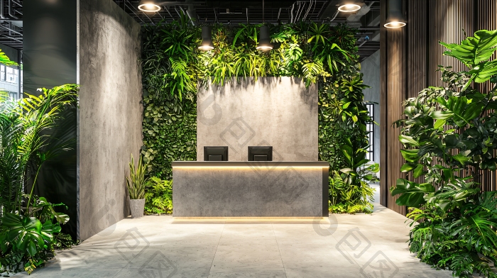 现代风格绿色植物办公室前台图片-包图网企业站